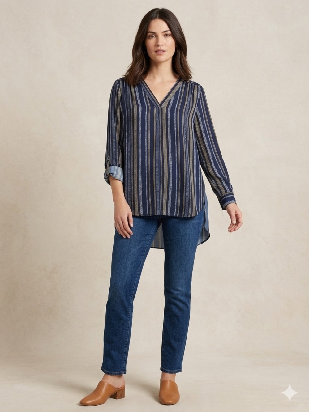 Jones New York Signature Striped V-Neck Blouse - Size Large